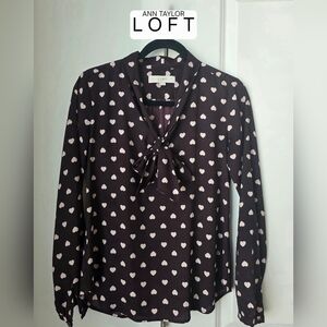 LOFT Chocolate Brown and Cream Heart Academia Corporate Blouse Tops